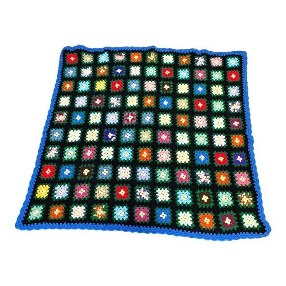 Colorful Bright Crochet Granny Square Afghan Blanket 55"  Lap Throw Blue Border - Picture 1 of 4